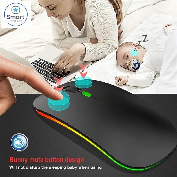 【Promotion】RahaLife Wireless Mouse, RGB Gaming Mouse, 2.4G Optical Mouse, Ergonomic Computer Mouse, Rechargeable Mouse for Laptop/PC/Chromebook, 6 Buttons, 1600DPI, Long Battery Life Mouse