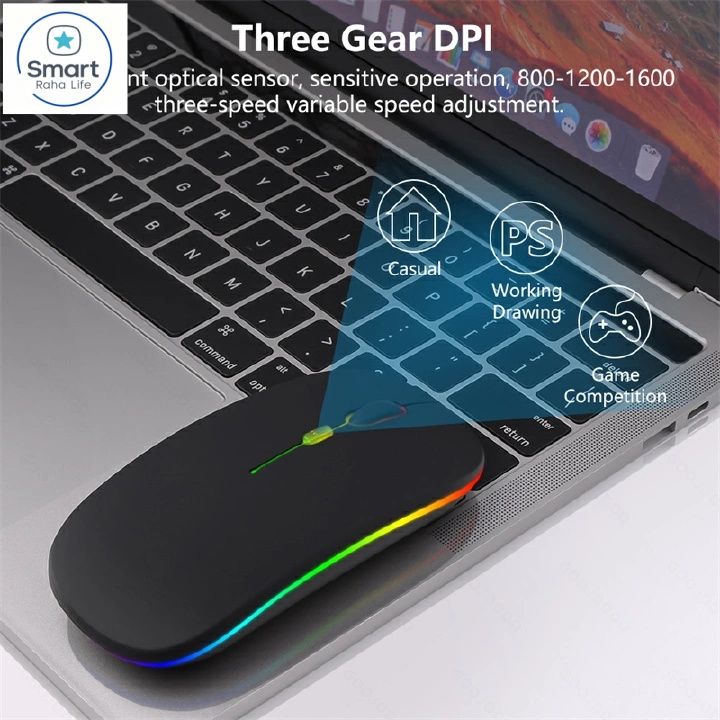 【Promotion】RahaLife Wireless Mouse, RGB Gaming Mouse, 2.4G Optical Mouse, Ergonomic Computer Mouse, Rechargeable Mouse for Laptop/PC/Chromebook, 6 Buttons, 1600DPI, Long Battery Life Mouse