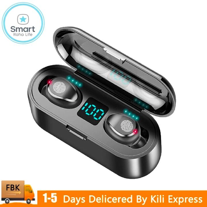 【Promotion】RahaLife F9 Earphone Wireless Bluetooth Mini True Earbuds 5.0 Stereo Sound LED Digital Battery Display Sweatproof Sport Earphones for Running Gym Long Battery Life for iPhone Android