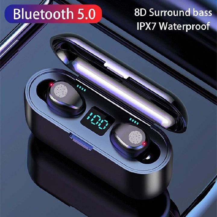 【Promotion】RahaLife F9 Earphone Wireless Bluetooth Mini True Earbuds 5.0 Stereo Sound LED Digital Battery Display Sweatproof Sport Earphones for Running Gym Long Battery Life for iPhone Android
