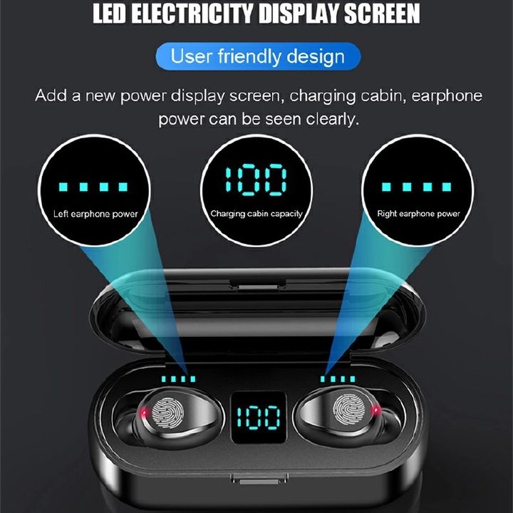 【Promotion】RahaLife F9 Earphone Wireless Bluetooth Mini True Earbuds 5.0 Stereo Sound LED Digital Battery Display Sweatproof Sport Earphones for Running Gym Long Battery Life for iPhone Android