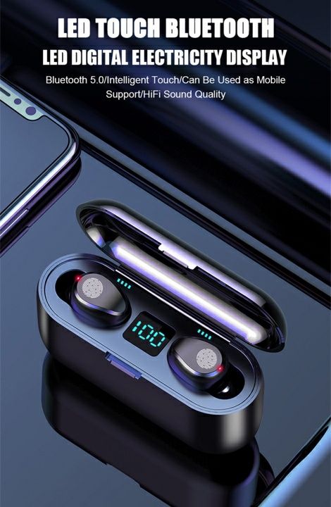 【Promotion】RahaLife F9 Earphone Wireless Bluetooth Mini True Earbuds 5.0 Stereo Sound LED Digital Battery Display Sweatproof Sport Earphones for Running Gym Long Battery Life for iPhone Android