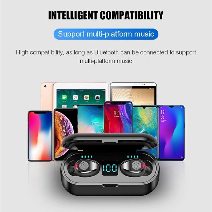 【Promotion】RahaLife F9 Earphone Wireless Bluetooth Mini True Earbuds 5.0 Stereo Sound LED Digital Battery Display Sweatproof Sport Earphones for Running Gym Long Battery Life for iPhone Android