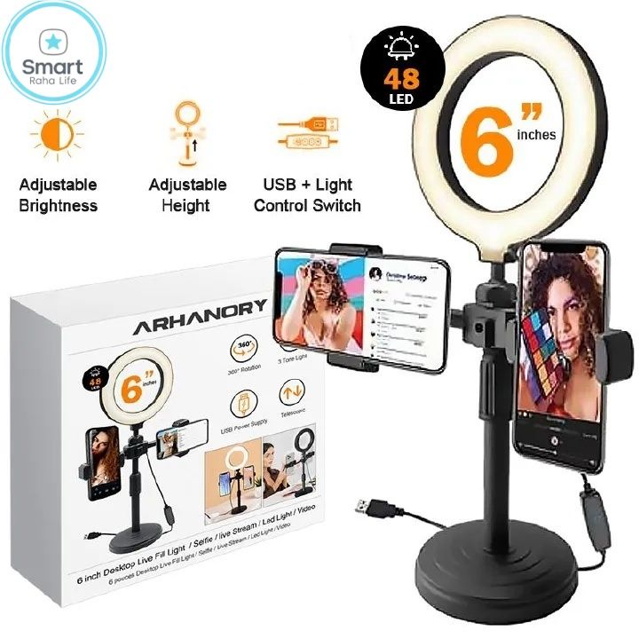 【Promotion】RahaLife RAHA Double Phone Tripod Stand with Ring Light 3-Color Dimmable Selfie Light for Live Streaming 360° Rotatable Bracket for TikTok/YouTube/Makeup Stable Phone Holder with Stick
