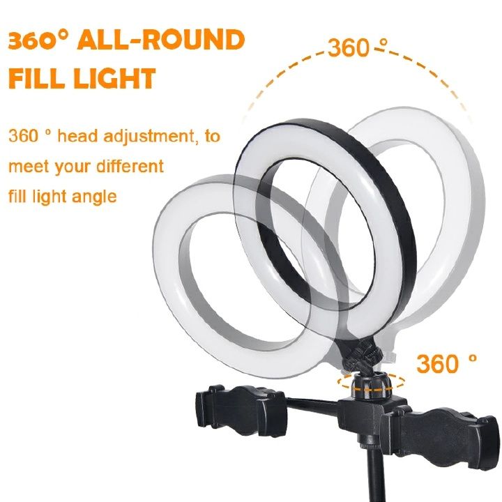 【Promotion】RahaLife RAHA Double Phone Tripod Stand with Ring Light 3-Color Dimmable Selfie Light for Live Streaming 360° Rotatable Bracket for TikTok/YouTube/Makeup Stable Phone Holder with Stick