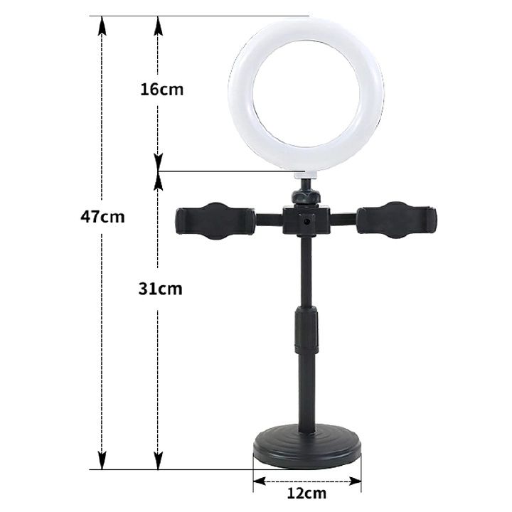 【Promotion】RahaLife RAHA Double Phone Tripod Stand with Ring Light 3-Color Dimmable Selfie Light for Live Streaming 360° Rotatable Bracket for TikTok/YouTube/Makeup Stable Phone Holder with Stick