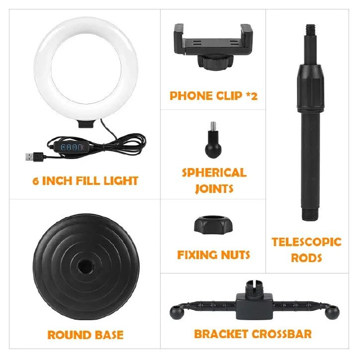 【Promotion】RahaLife RAHA Double Phone Tripod Stand with Ring Light 3-Color Dimmable Selfie Light for Live Streaming 360° Rotatable Bracket for TikTok/YouTube/Makeup Stable Phone Holder with Stick