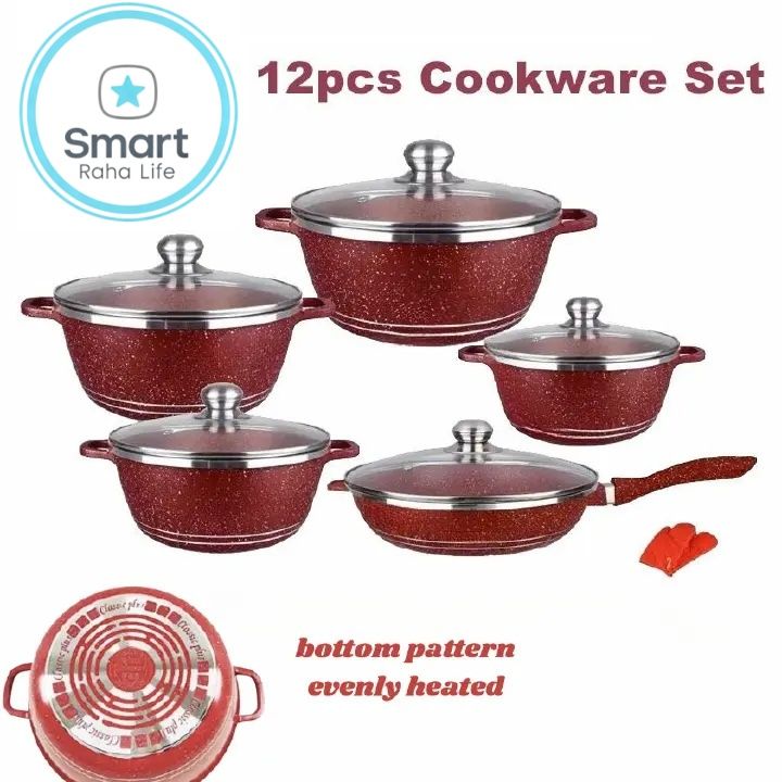 【Promotion 】RahaLife 12pcs Granite Non-Stick Sufuria Set Heavy Duty Aluminum Pots 20cm+24cm+28cm+32cm Pots +28cm Pan  5 Pots, 5 Lids, 2 Gloves Wheatstone Die-Coating Durable Kitchen Cookware