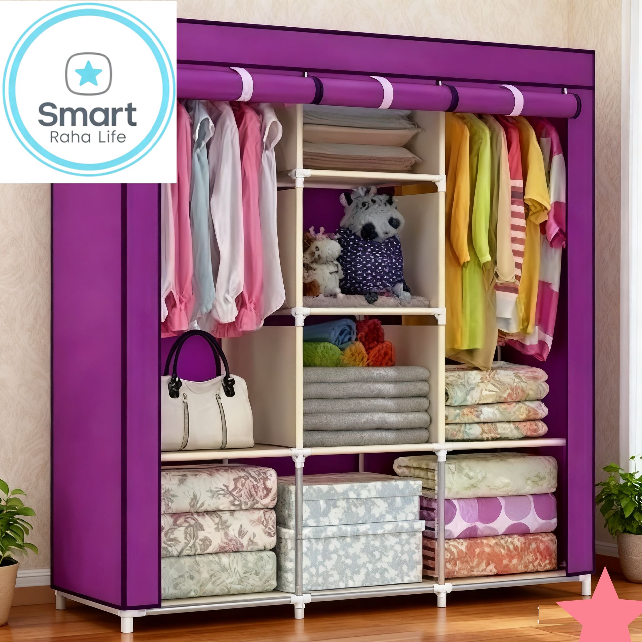 【Promotion】RahaLife 3 Columns Metallic Wardrobe Large Capacity Closet Organizer Assemble Storage Closet Portable Clothing Rack for Bedroom, Home, Dormitory Sturdy Steel Frame