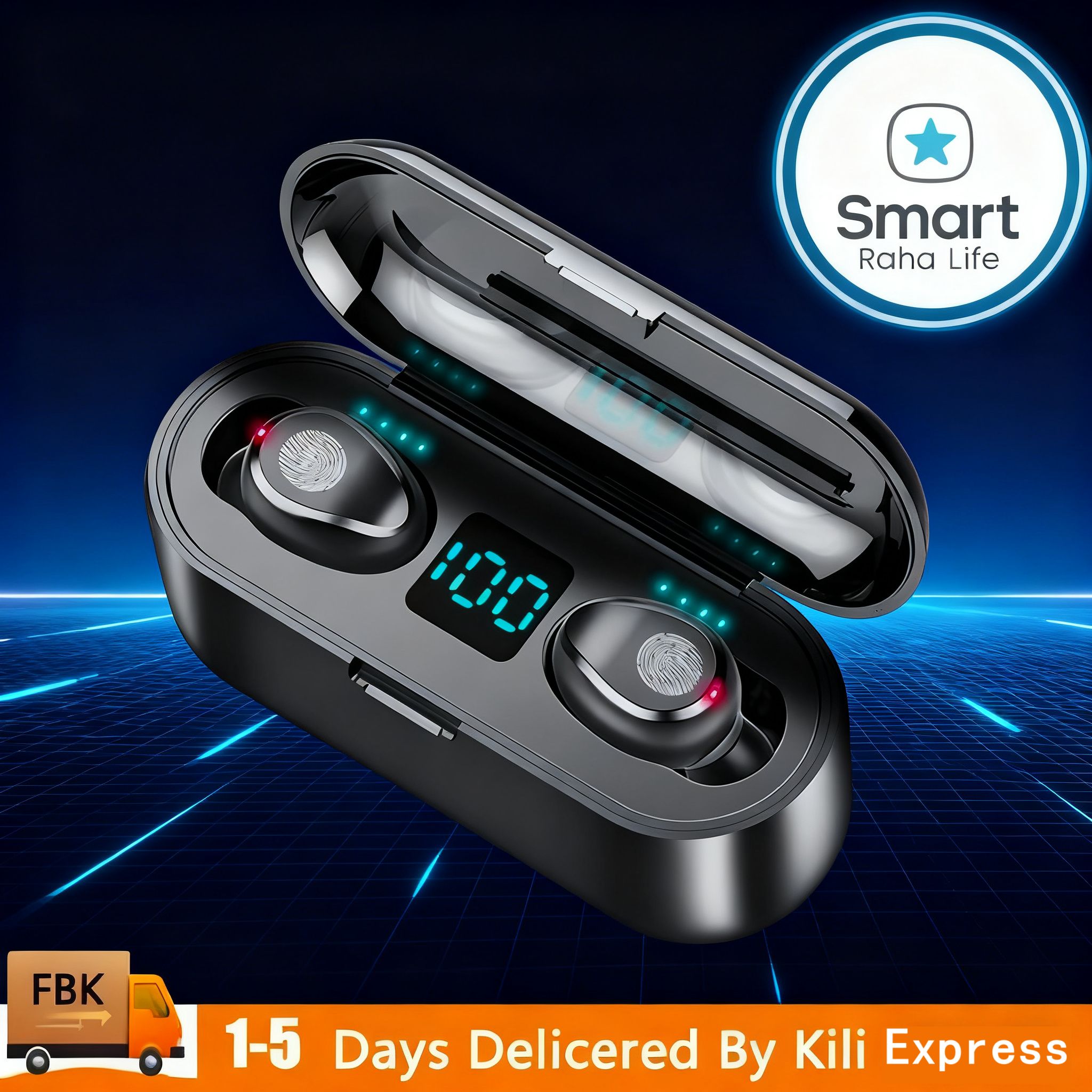 【Promotion】RahaLife F9 Earphone Wireless Bluetooth Mini True Earbuds 5.0 Stereo Sound LED Digital Battery Display Sweatproof Sport Earphones for Running Gym Long Battery Life for iPhone Android