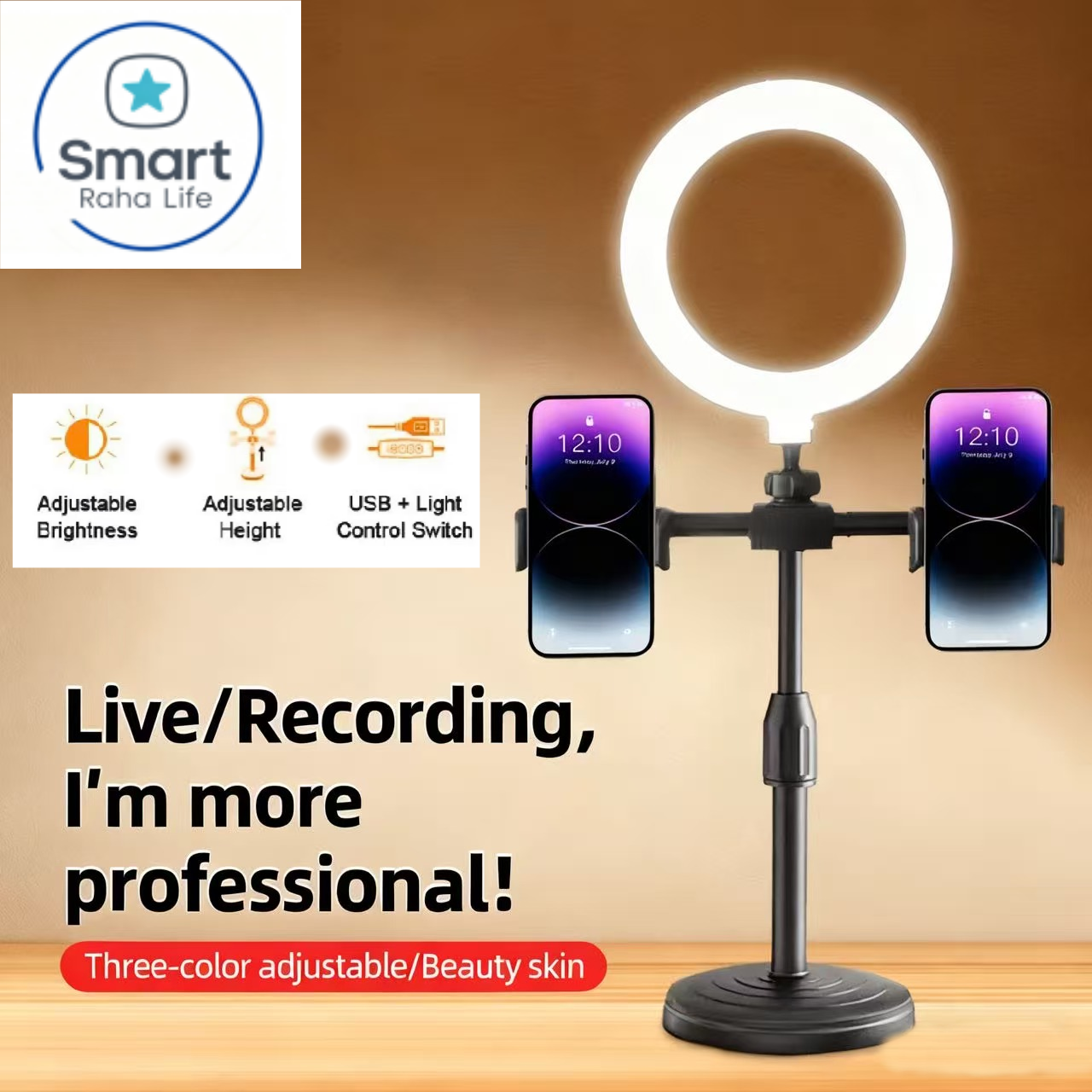 【Promotion】Smartrahalife RAHA Double Phone Tripod Stand with Ring Light 3-Color Dimmable Selfie Light for Live Streaming 360° Rotatable Bracket for TikTok/YouTube/Makeup Stable Phone Holder with Stick