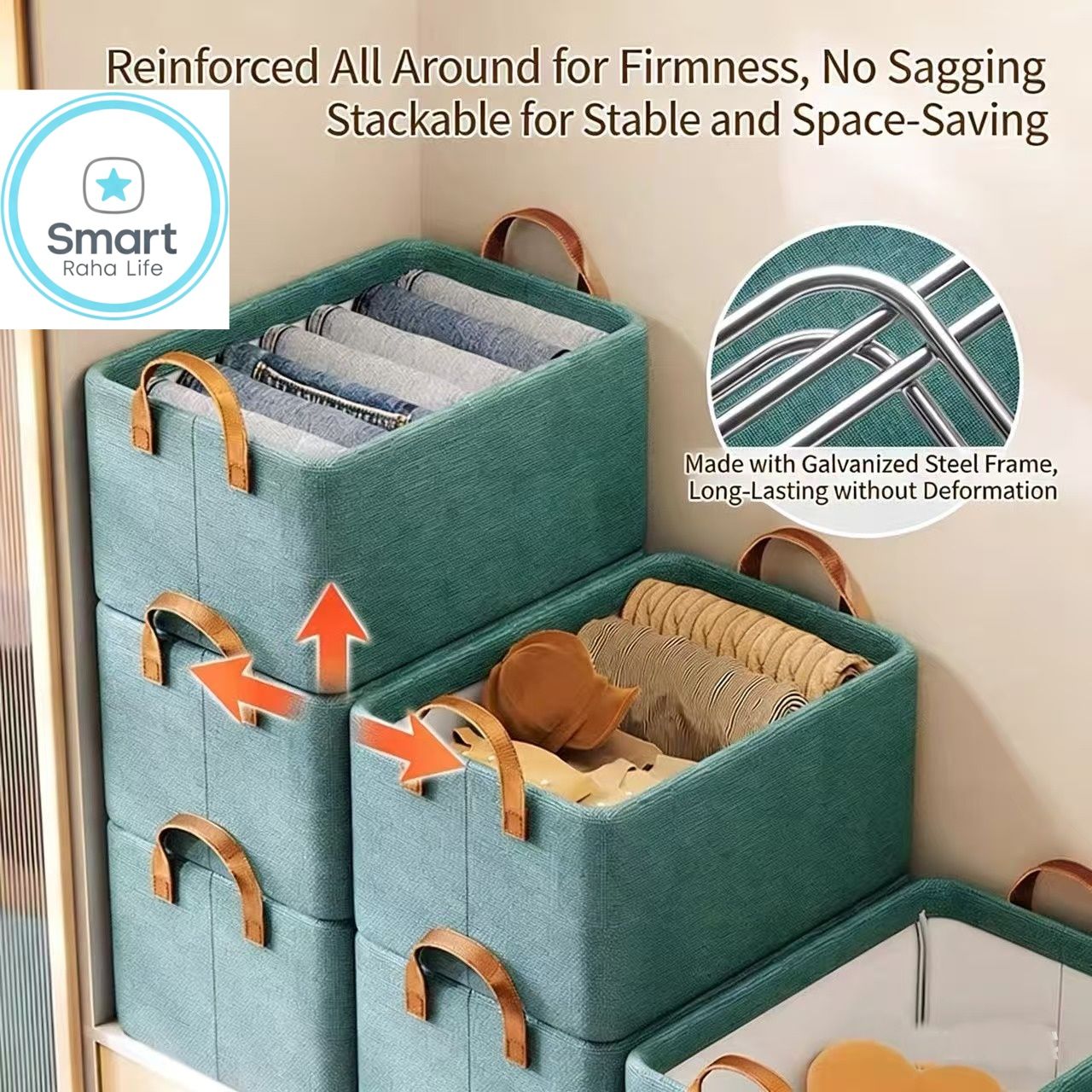 Smartrahalife Foldable Closet Organizer – Stackable Storage Baskets with Handles & Dustproof Lids, Steel Frame Shelf for Clothes & Toys, Space Saver Fabric Shelves, Easy Assemble Wardrobe Box