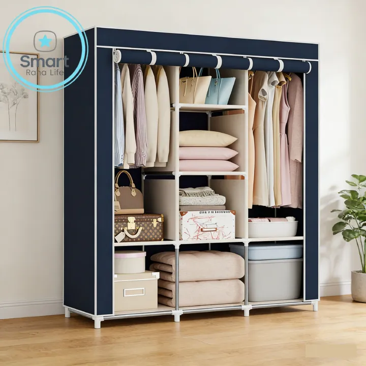 【Promotion】RahaLife 105CM Portable Wardrobe Large Capacity Closet Organizer Assemble Storage Closet 3 Columns Metallic Clothing Rack for Bedroom Home Dormitory Sturdy Steel Frame