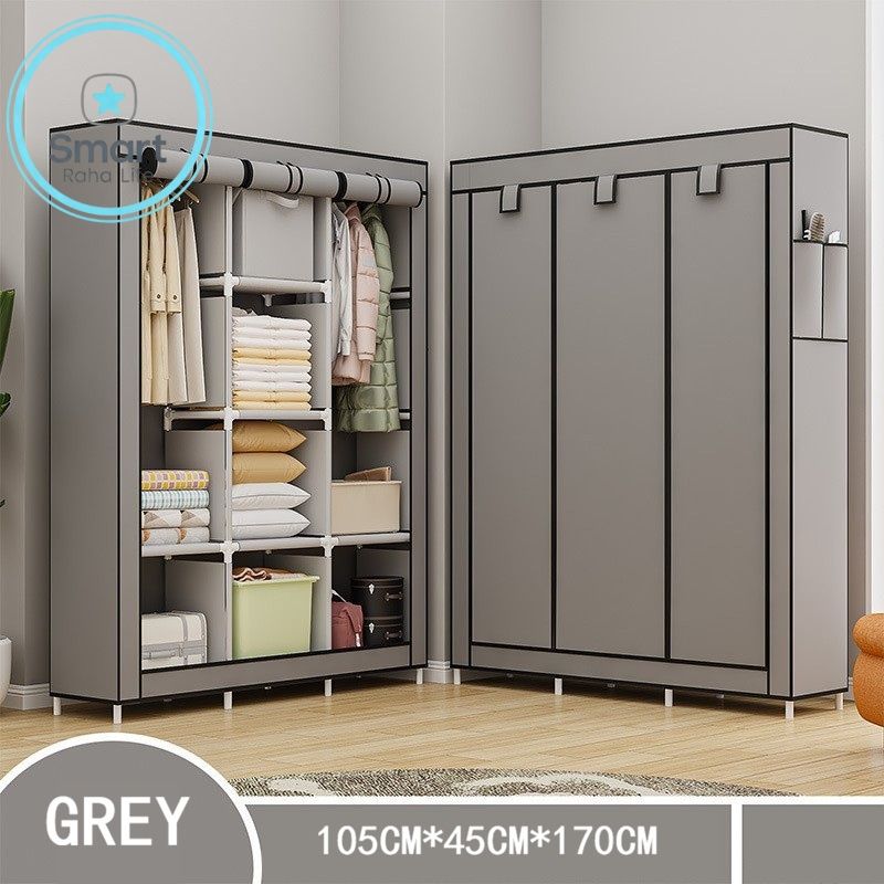 【Promotion】RahaLife 105CM Portable Wardrobe Large Capacity Closet Organizer Assemble Storage Closet 3 Columns Metallic Clothing Rack for Bedroom Home Dormitory Sturdy Steel Frame