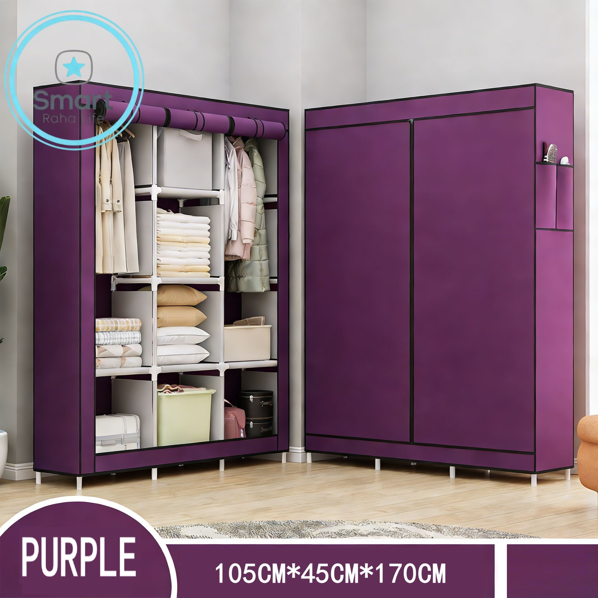 【Promotion】RahaLife 105CM Portable Wardrobe Large Capacity Closet Organizer Assemble Storage Closet 3 Columns Metallic Clothing Rack for Bedroom Home Dormitory Sturdy Steel Frame