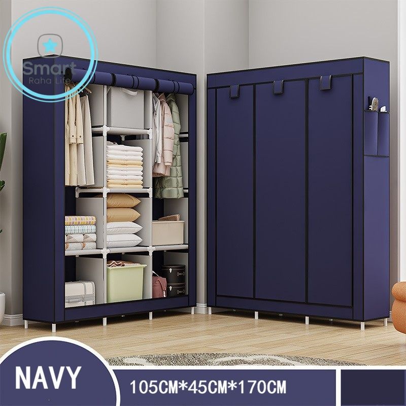 【Promotion】RahaLife 105CM Portable Wardrobe Large Capacity Closet Organizer Assemble Storage Closet 3 Columns Metallic Clothing Rack for Bedroom Home Dormitory Sturdy Steel Frame