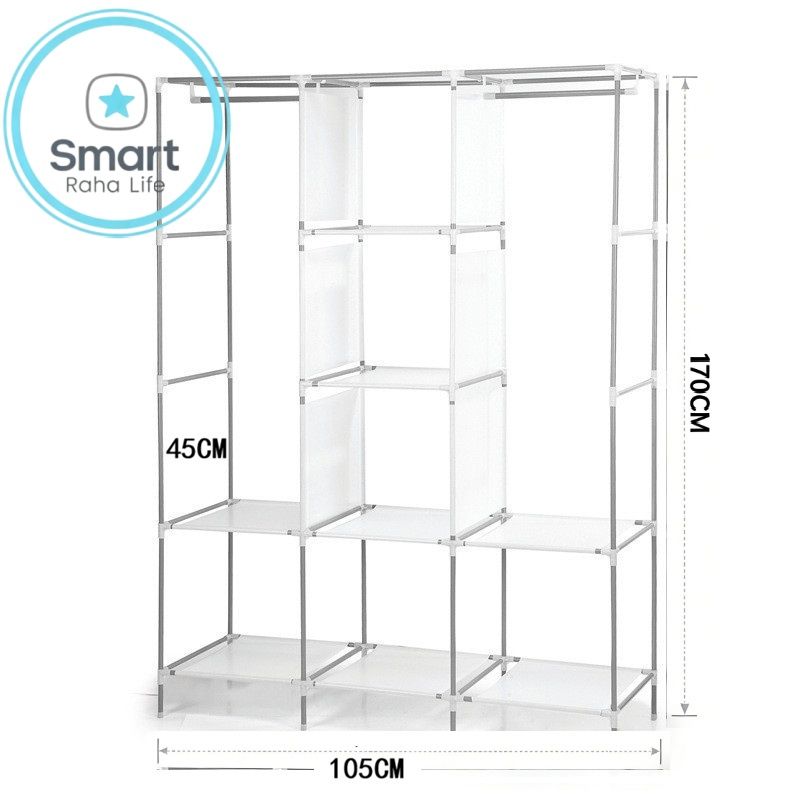 【Promotion】RahaLife 105CM Portable Wardrobe Large Capacity Closet Organizer Assemble Storage Closet 3 Columns Metallic Clothing Rack for Bedroom Home Dormitory Sturdy Steel Frame