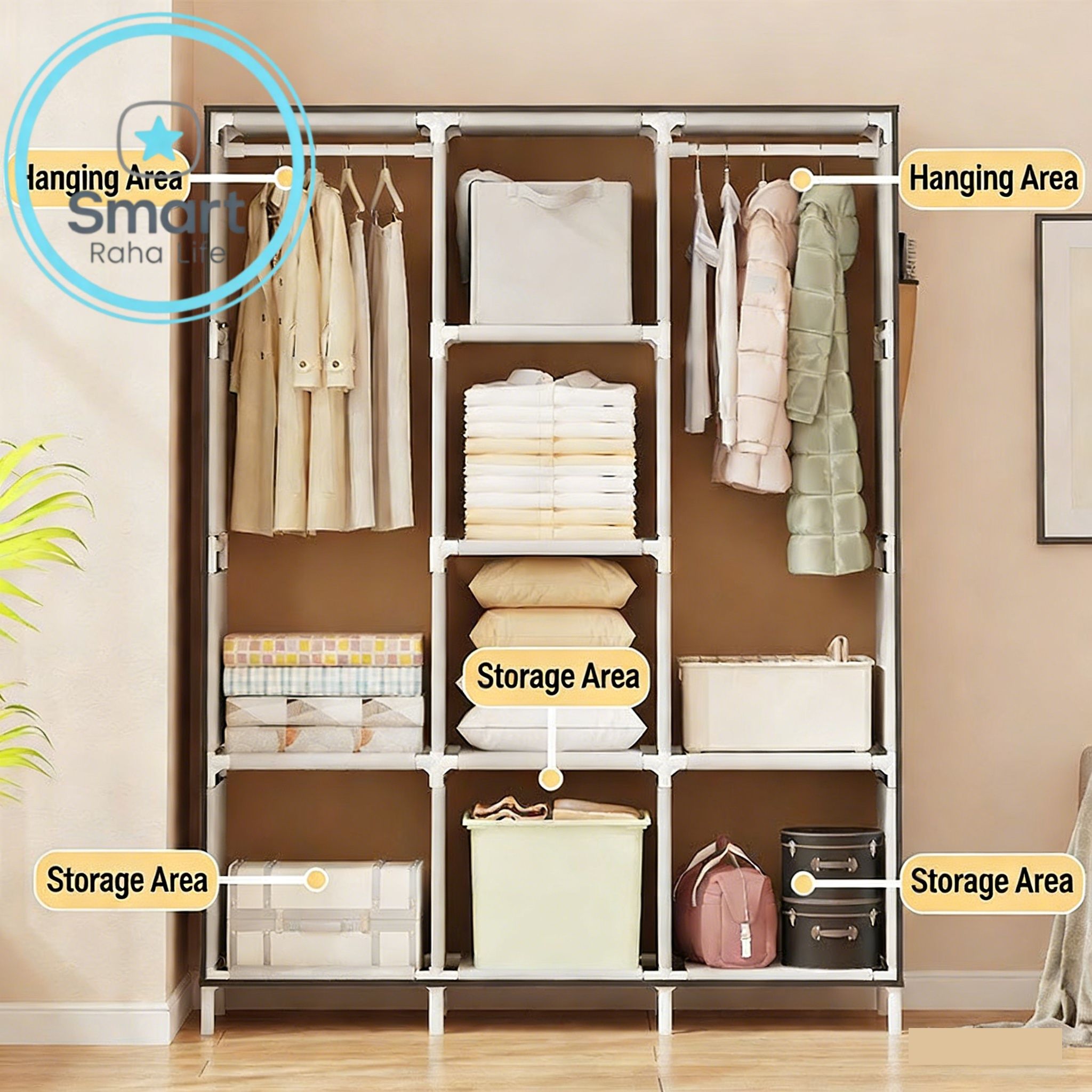 【Promotion】RahaLife 105CM Portable Wardrobe Large Capacity Closet Organizer Assemble Storage Closet 3 Columns Metallic Clothing Rack for Bedroom Home Dormitory Sturdy Steel Frame