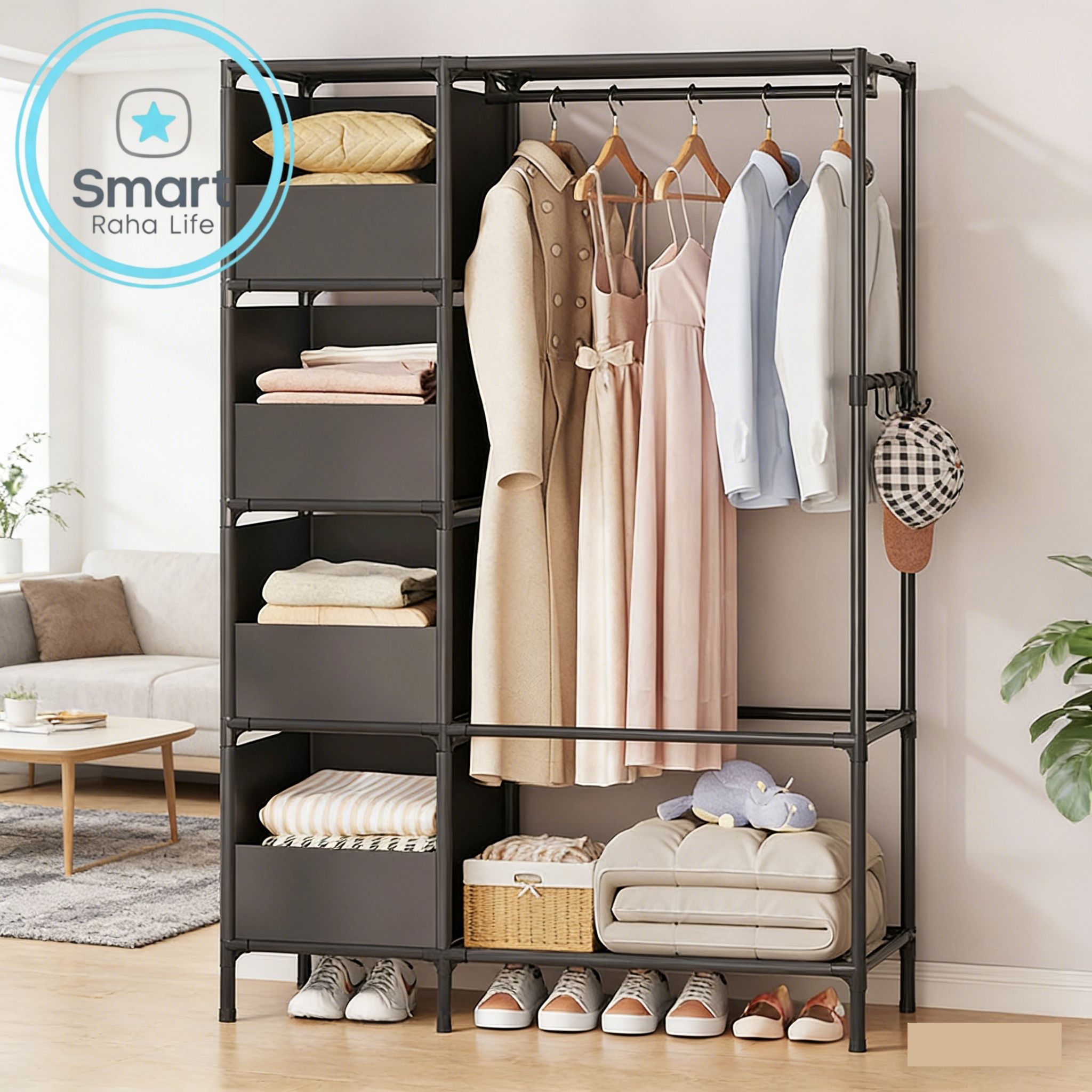 【Promotion】RahaLife 2 Columns Metallic Wardrobe Large Capacity Closet Organizer Assemble Storage Closet Portable Clothing Rack for Bedroom Home Dormitories Room Clothes Storage