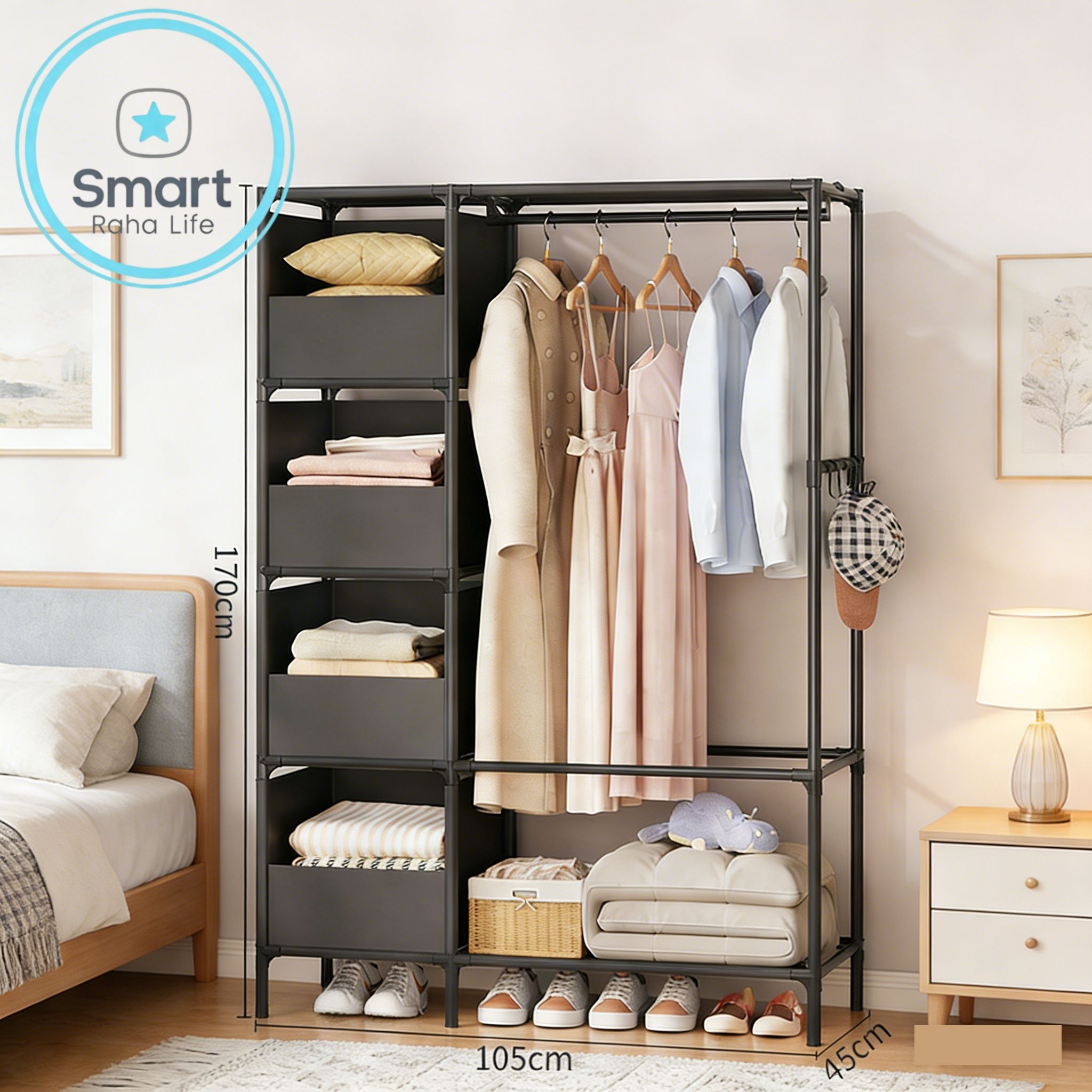 【Promotion】RahaLife 2 Columns Metallic Wardrobe Large Capacity Closet Organizer Assemble Storage Closet Portable Clothing Rack for Bedroom Home Dormitories Room Clothes Storage