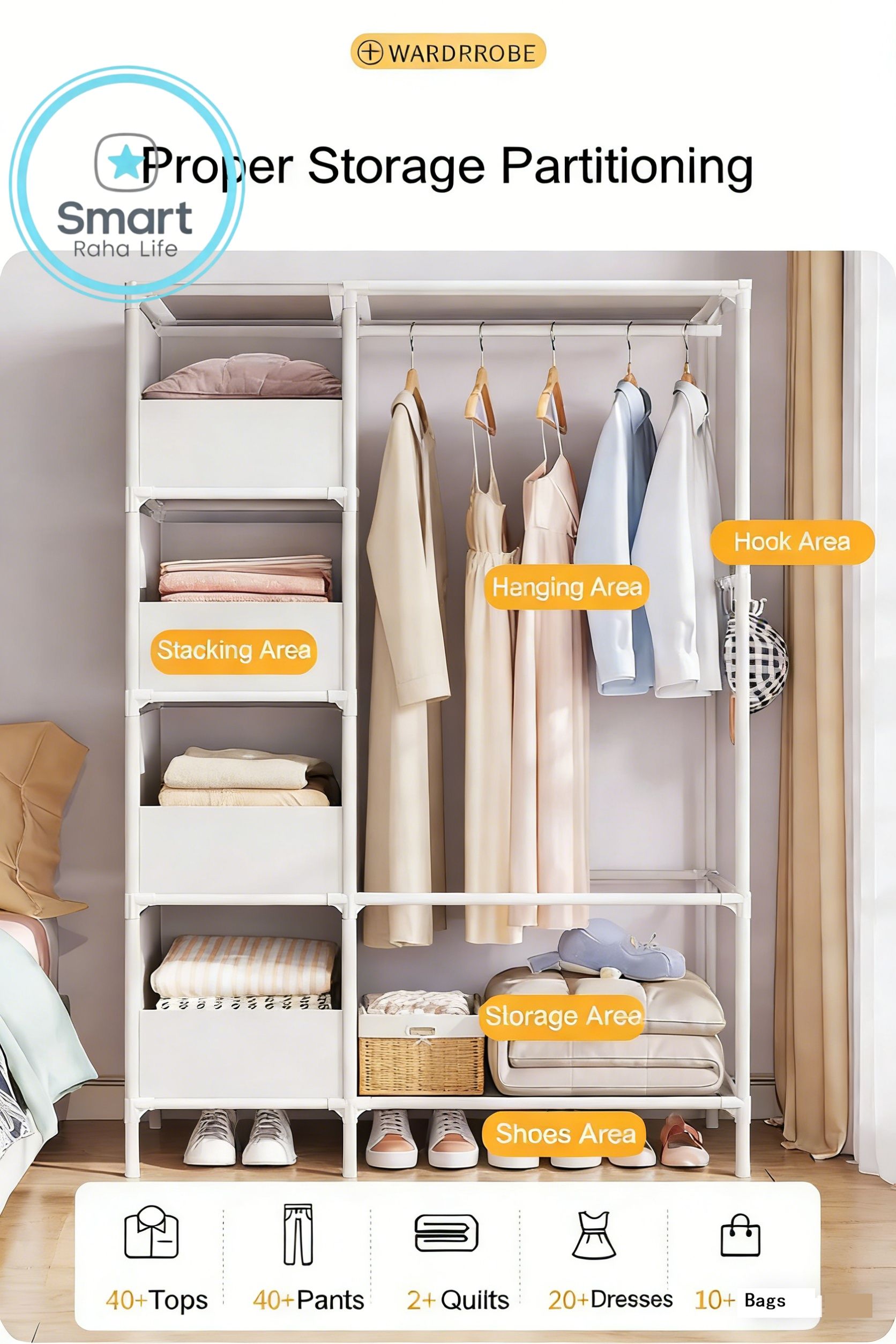 【Promotion】RahaLife 2 Columns Metallic Wardrobe Large Capacity Closet Organizer Assemble Storage Closet Portable Clothing Rack for Bedroom Home Dormitories Room Clothes Storage