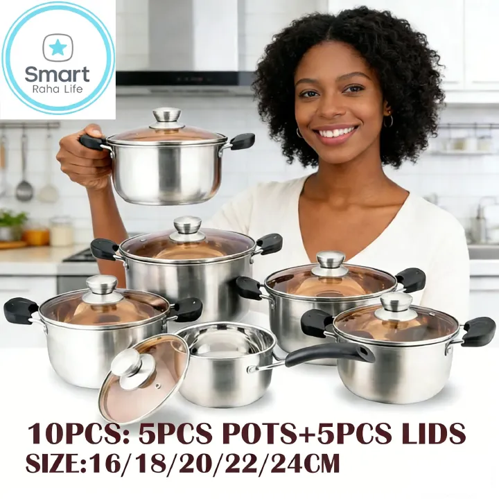 【Promotion】Smartrahalife 10PCS Stainless Steel Pots NonStick Cookware Set 5pcs pots+5pcs lids（16/18/20/22/24cm) Suitable for induction cookers Sufuria