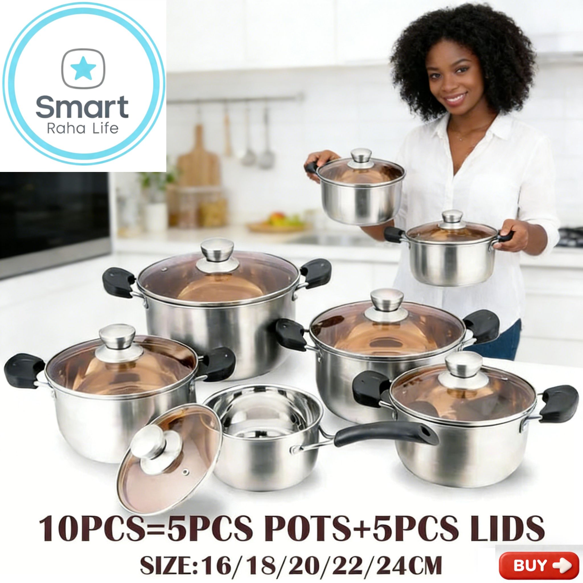 【Promotion】Smartrahalife 10PCS Stainless Steel Pots NonStick Cookware Set 5pcs pots+5pcs lids（16/18/20/22/24cm) Suitable for induction cookers Sufuria