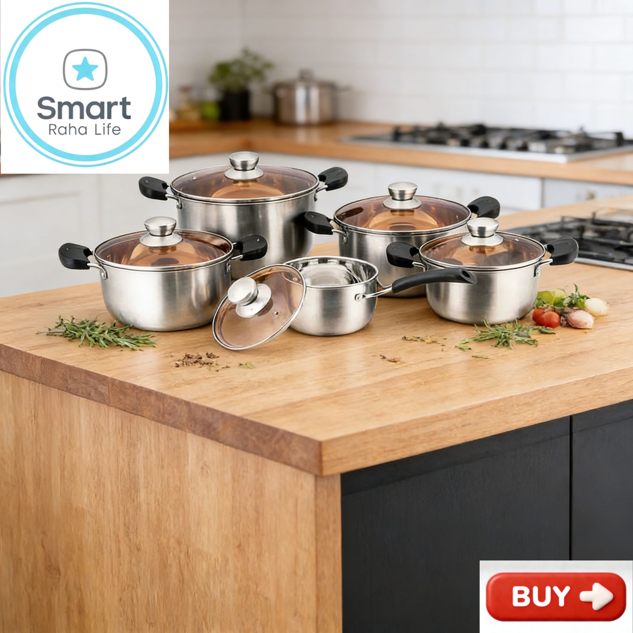 【Promotion】Smartrahalife 10PCS Stainless Steel Pots NonStick Cookware Set 5pcs pots+5pcs lids（16/18/20/22/24cm) Suitable for induction cookers Sufuria