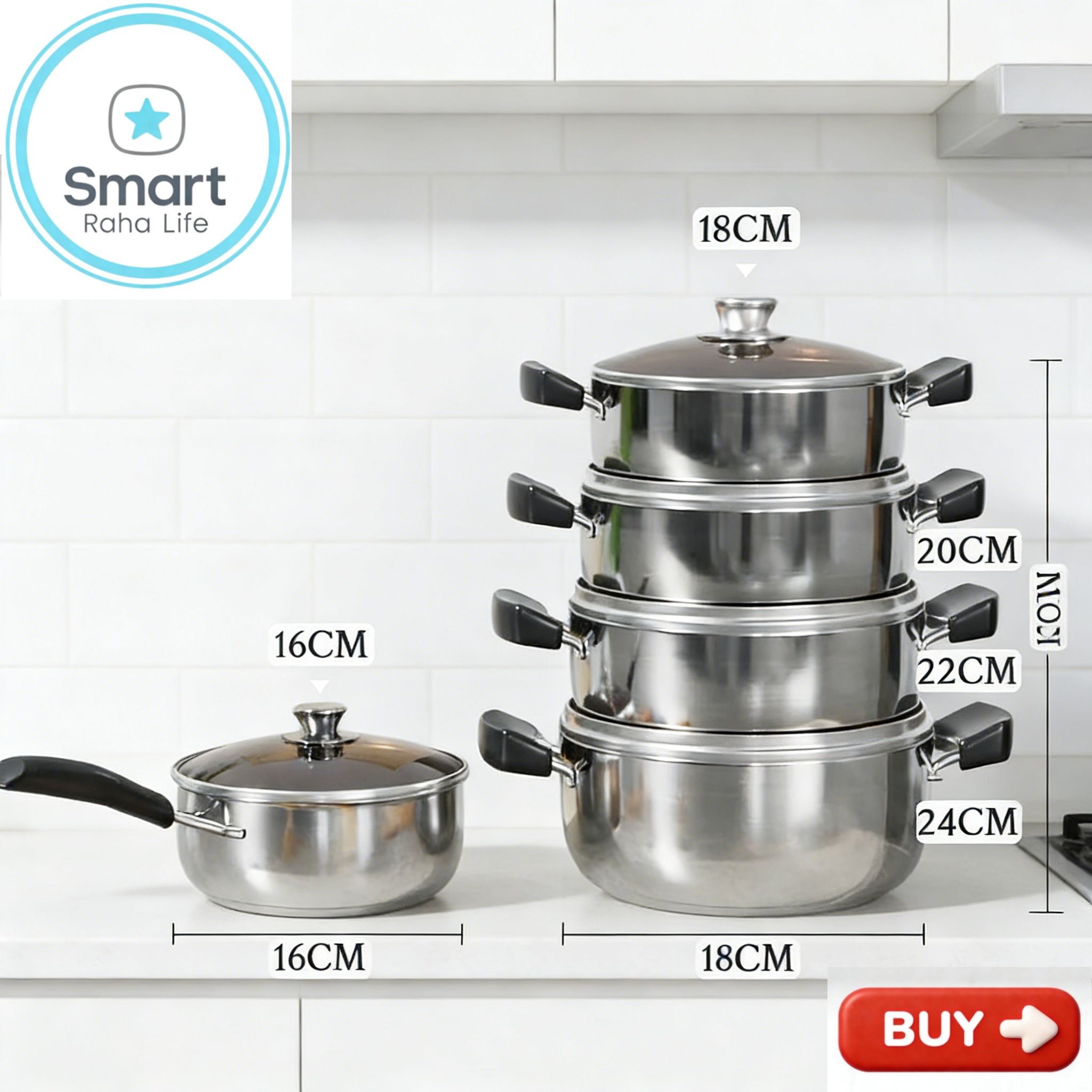 【Promotion】Smartrahalife 10PCS Stainless Steel Pots NonStick Cookware Set 5pcs pots+5pcs lids（16/18/20/22/24cm) Suitable for induction cookers Sufuria