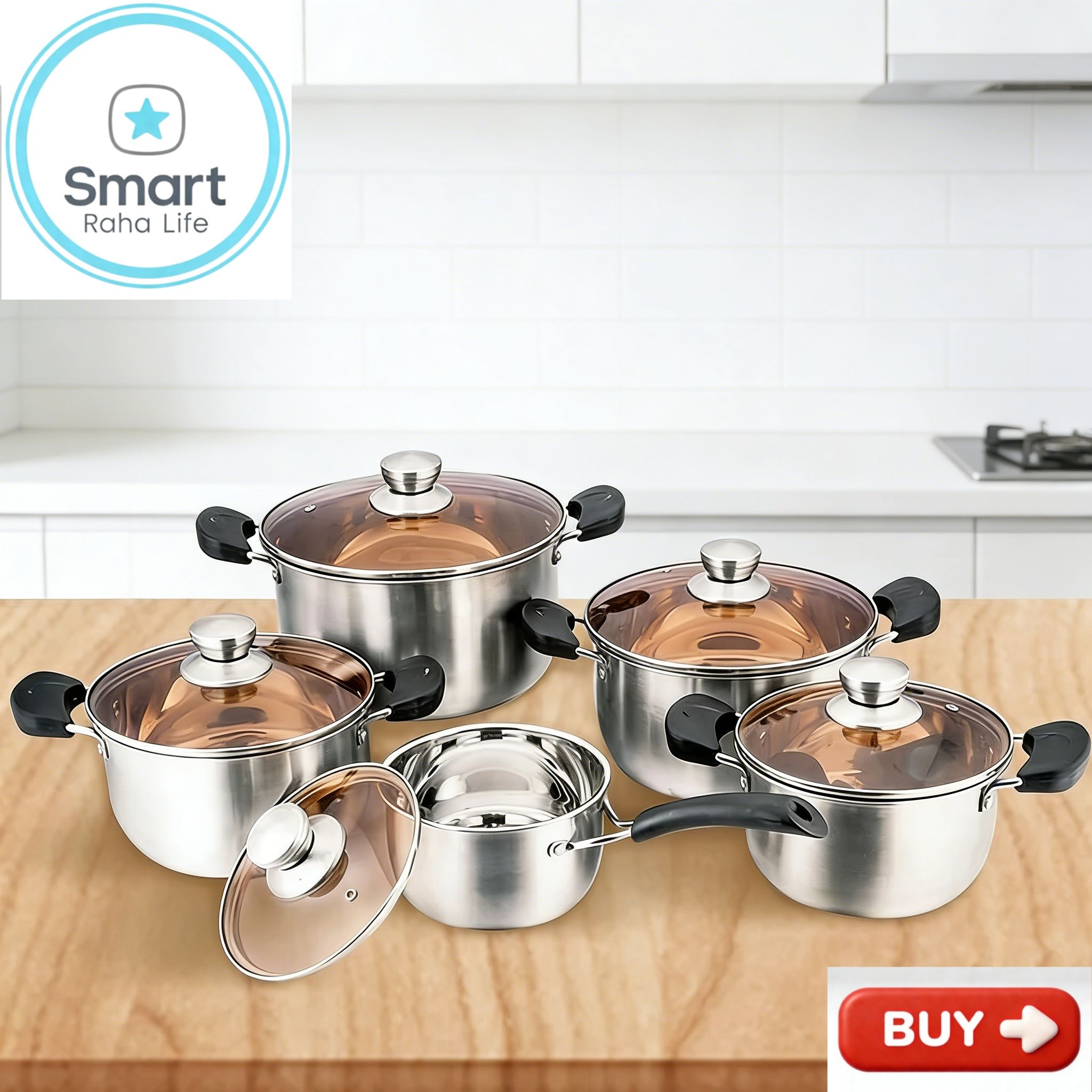 【Promotion】Smartrahalife 10PCS Stainless Steel Pots NonStick Cookware Set 5pcs pots+5pcs lids（16/18/20/22/24cm) Suitable for induction cookers Sufuria
