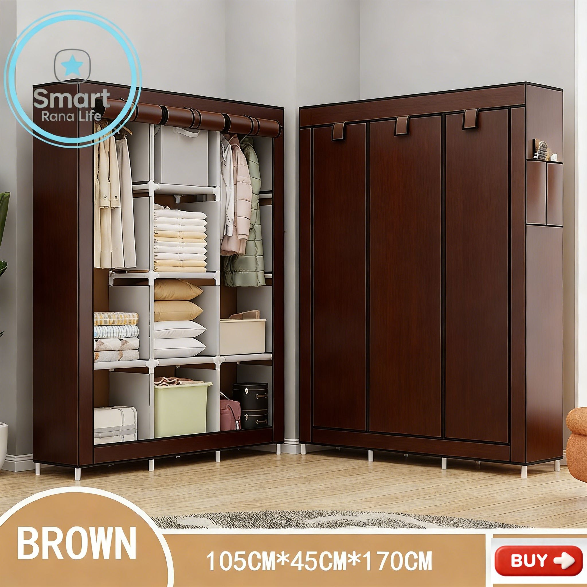 【Promotion】RahaLife 105CM Portable Wardrobe Large Capacity Closet Organizer Assemble Storage Closet 3 Columns Metallic Clothing Rack for Bedroom Home Dormitory Sturdy Steel Frame