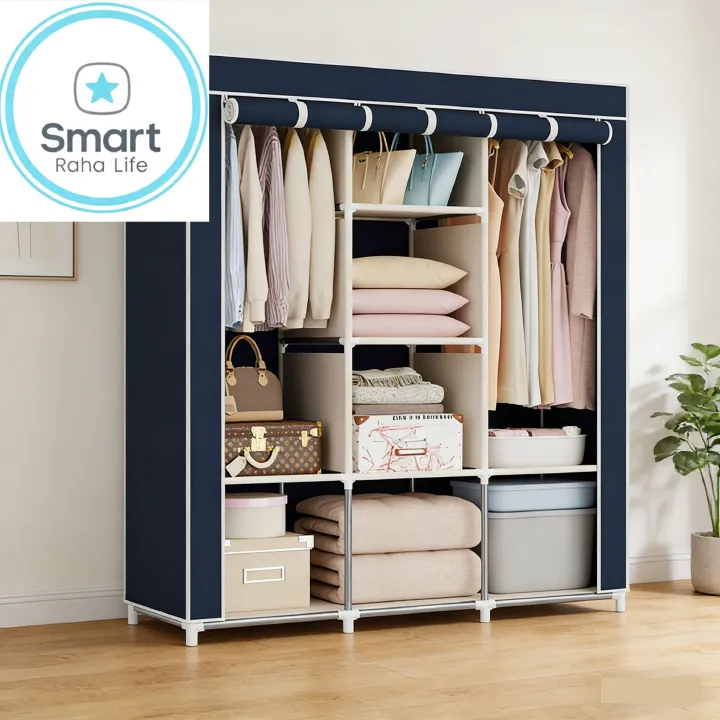 【Promotion】RahaLife 105CM Portable Wardrobe Large Capacity Closet Organizer Assemble Storage Closet 3 Columns Metallic Clothing Rack for Bedroom Home Dormitory Sturdy Steel Frame