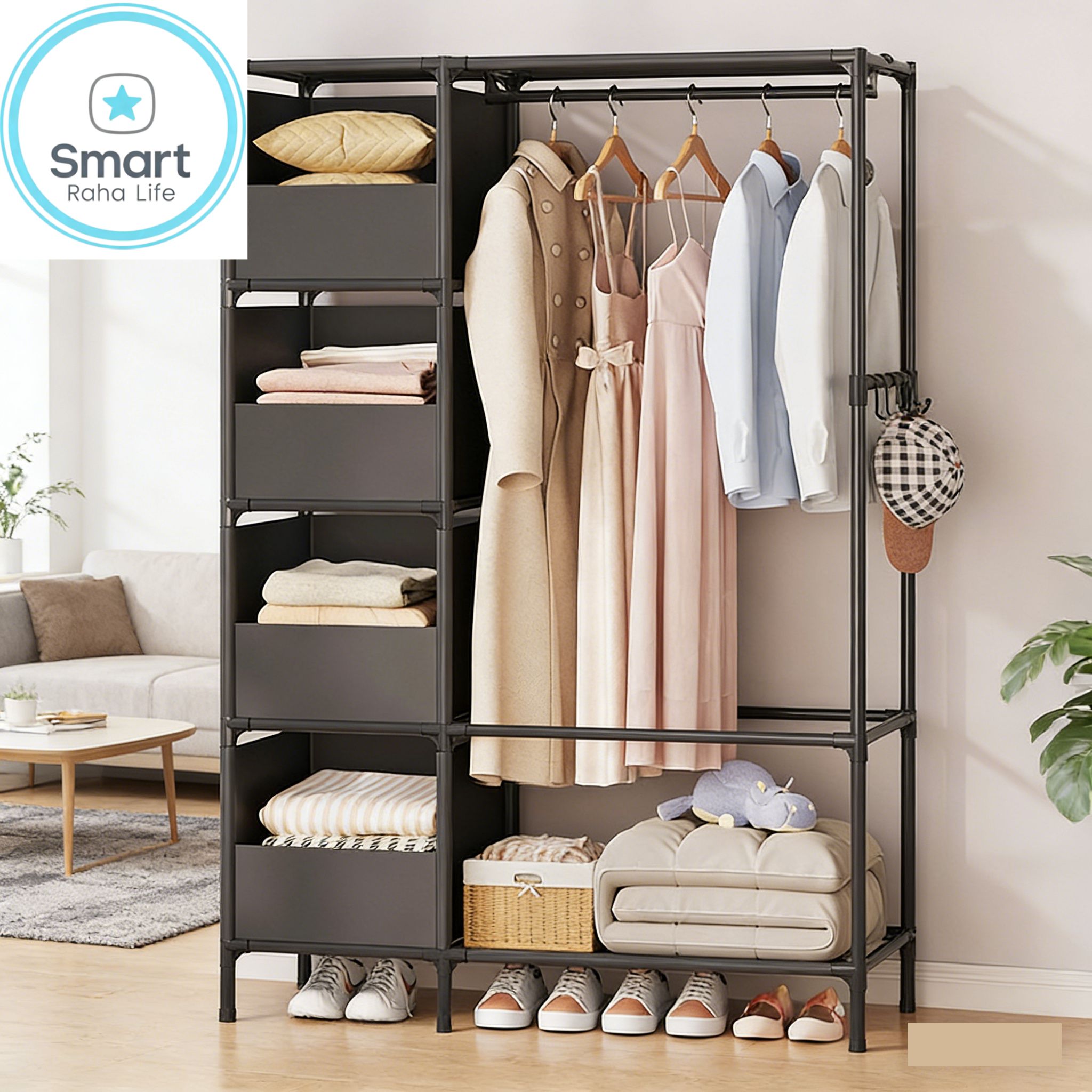 【Promotion】RahaLife 2 Columns Metallic Wardrobe Large Capacity Closet Organizer Assemble Storage Closet Portable Clothing Rack for Bedroom Home Dormitories Room Clothes Storage