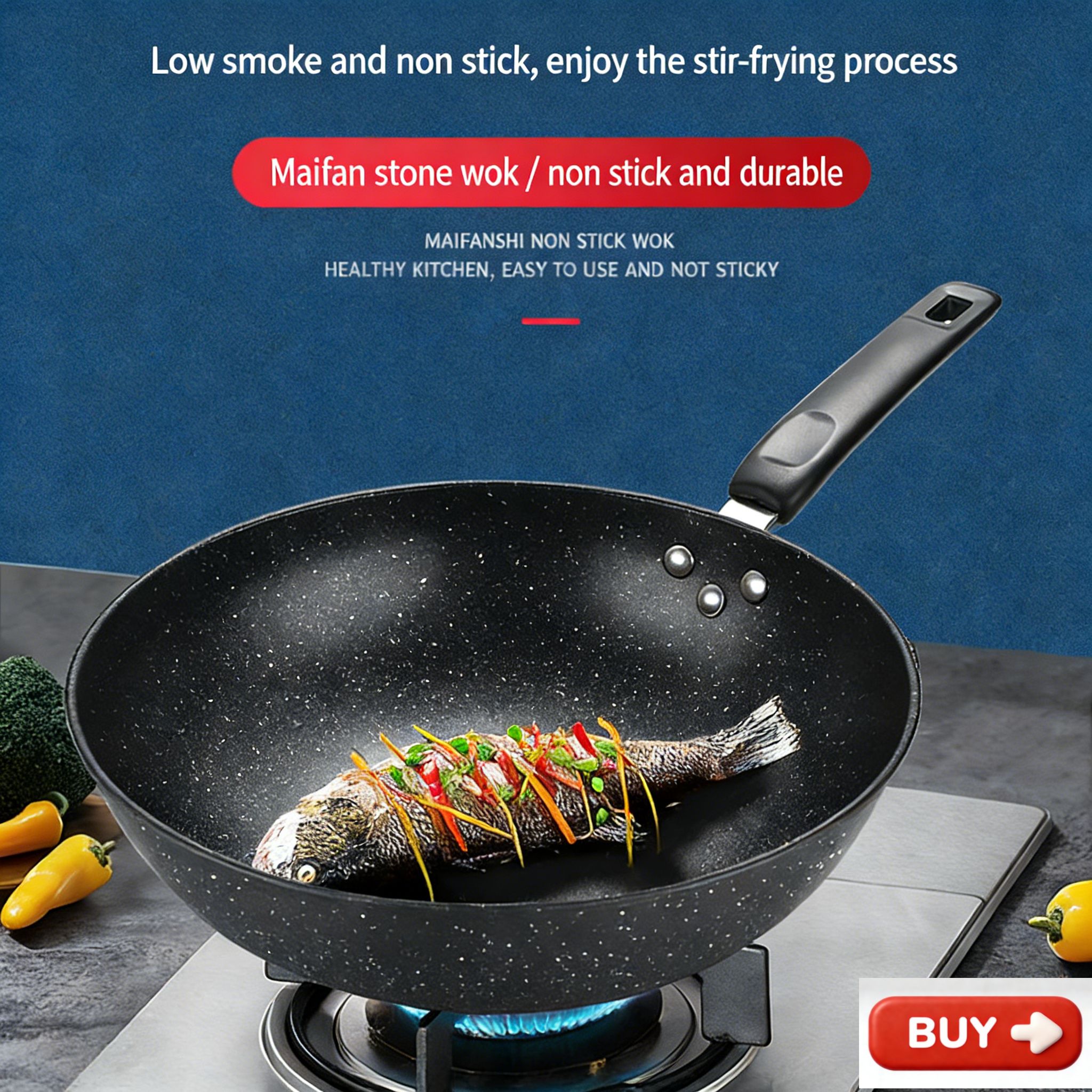 【Promotion】RahaLife Non Stick Pan Medical Stone Wok Physical Sufuria 30/32/34CM Cookware Saute Deep Frying Cooking Pots