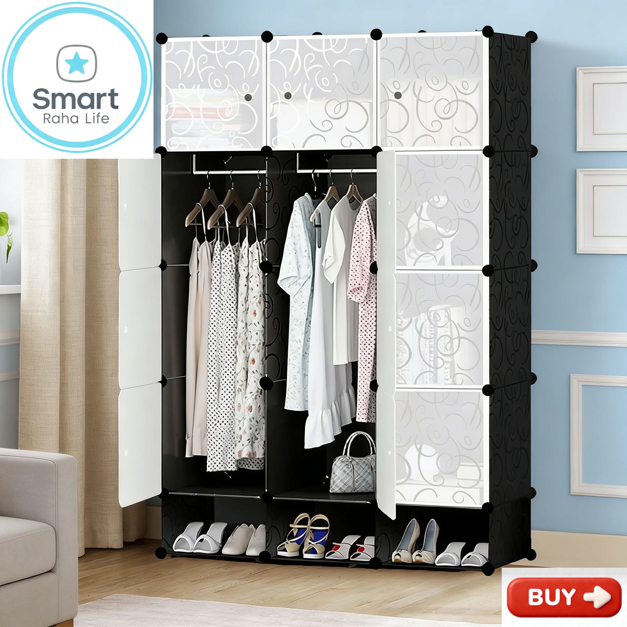 【Promotion】RahaLife Full-Depth 55CM Portable Wardrobe Closet with 12 Grids & 3 Columns All-in-One Storage for Clothes Shoes Books and Toys Space-Saving Organizer