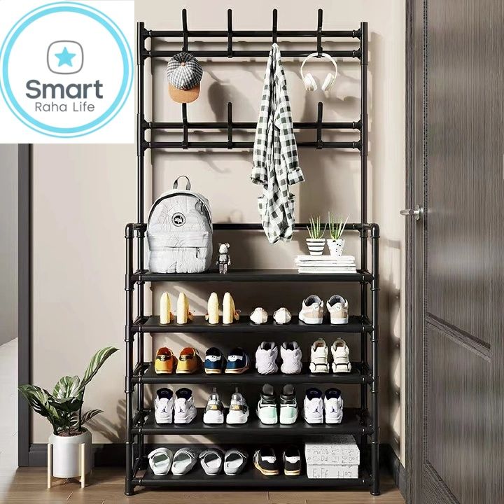 【Promotion】RahaLife 5-Layer Multifunctional Storage Rack Shoe Rack + Coat & Hat Hanger Space Saving Organizer for Bedroom, Living Room, Bathroom & Hallway Easy Assemble Household Shelf