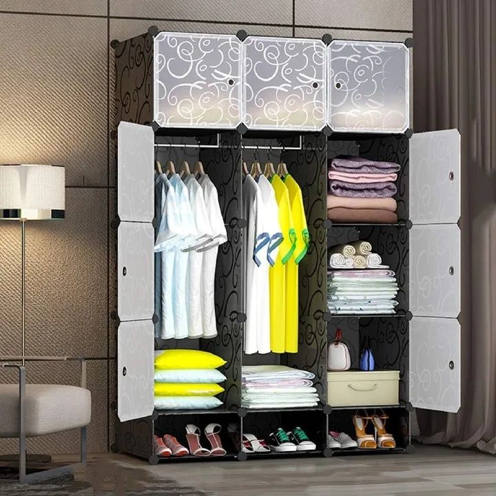 【Promotion】RahaLife Full-Depth 55CM Portable Wardrobe Closet with 12 Grids & 3 Columns All-in-One Storage for Clothes Shoes Books and Toys Space-Saving Organizer