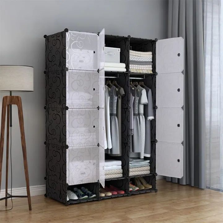 【Promotion】RahaLife Full-Depth 55CM Portable Wardrobe Closet with 12 Grids & 3 Columns All-in-One Storage for Clothes Shoes Books and Toys Space-Saving Organizer