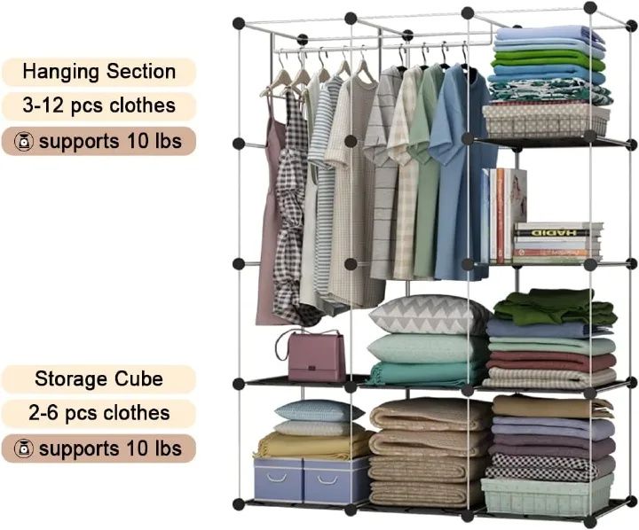 【Promotion】RahaLife Full-Depth 55CM Portable Wardrobe Closet with 12 Grids & 3 Columns All-in-One Storage for Clothes Shoes Books and Toys Space-Saving Organizer