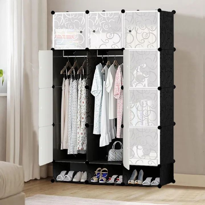 【Promotion】RahaLife Full-Depth 55CM Portable Wardrobe Closet with 12 Grids & 3 Columns All-in-One Storage for Clothes Shoes Books and Toys Space-Saving Organizer