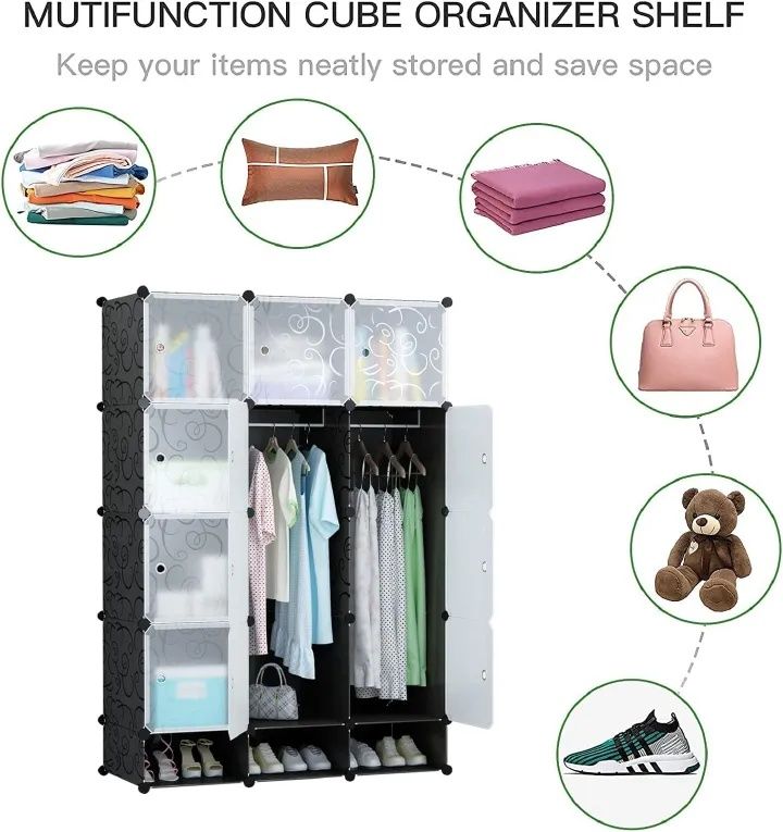 【Promotion】RahaLife Full-Depth 55CM Portable Wardrobe Closet with 12 Grids & 3 Columns All-in-One Storage for Clothes Shoes Books and Toys Space-Saving Organizer