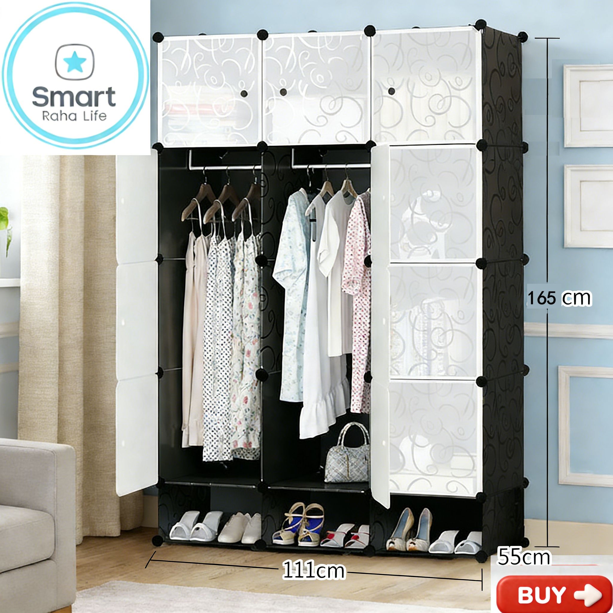 【Promotion】RahaLife Full-Depth 55CM Portable Wardrobe Closet with 12 Grids & 3 Columns All-in-One Storage for Clothes Shoes Books and Toys Space-Saving Organizer