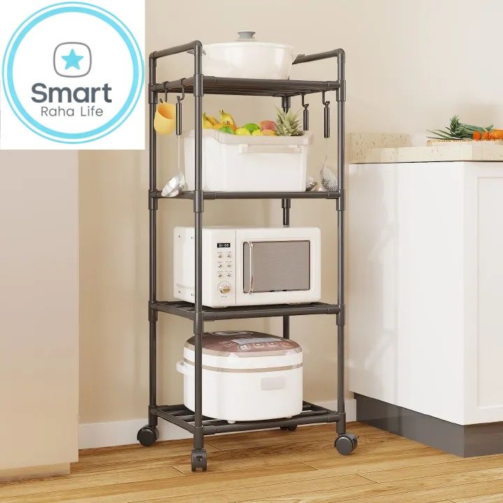 【Promotion】RahaLife Multifunctional Floor Standing Storage Rack Multi-Tier Kitchen Organizer for Microwave, Utensils Bathroom & Home Use | Sturdy Steel Shelf