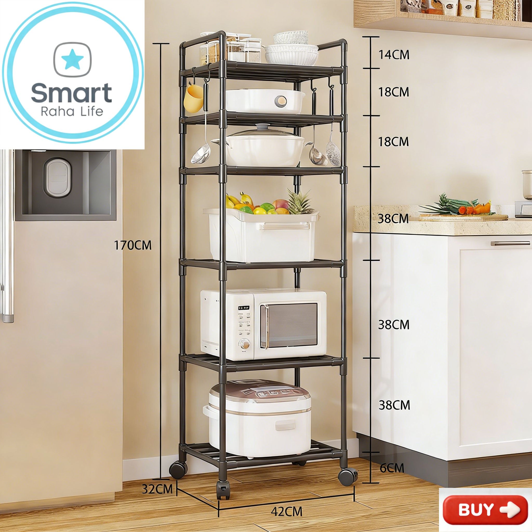 【Promotion】RahaLife Multifunctional Floor Standing Storage Rack Multi-Tier Kitchen Organizer for Microwave, Utensils Bathroom & Home Use | Sturdy Steel Shelf