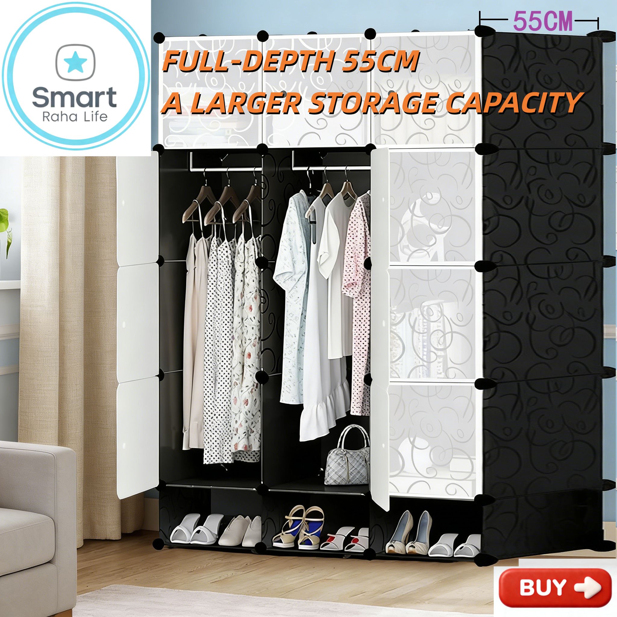 【Promotion】RahaLife Full-Depth 55CM Portable Wardrobe Closet with 12 Grids & 3 Columns All-in-One Storage for Clothes Shoes Books and Toys Space-Saving Organizer