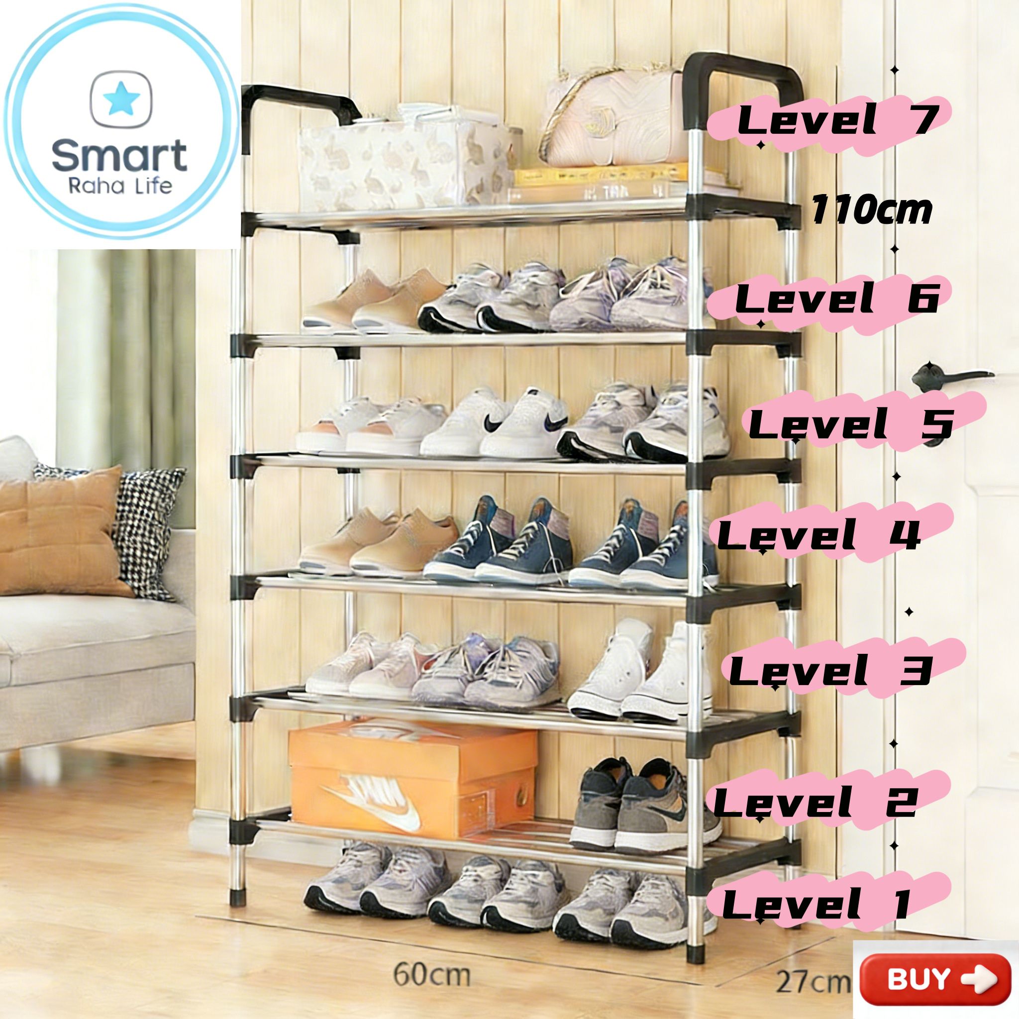【Promotion】Smartrahalife 7 Layer Shoe Rack Assemble Shoe Shelf Storage Organizer Multifunctional Small Furniture for Entryway Closet, Dorm Space Saving Design Sturdy Portable