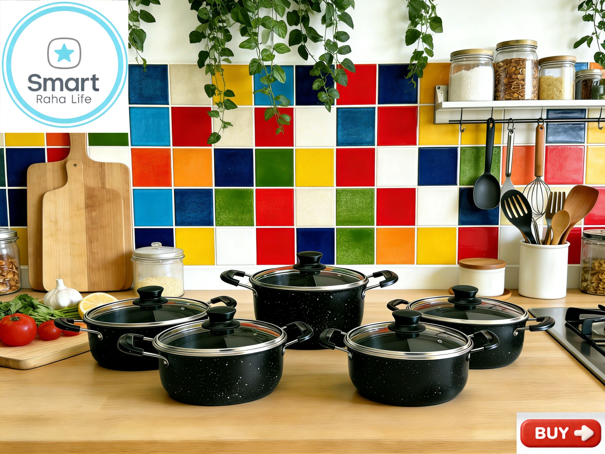 【Promotion】Smartrahalife 10PCS Iron Pots NonStick Cookware Set 5pcs pots and 5pcs lids（18/20/22/24/26cm) 4pcs cleaning tool Suitable for induction cookers Sufuria