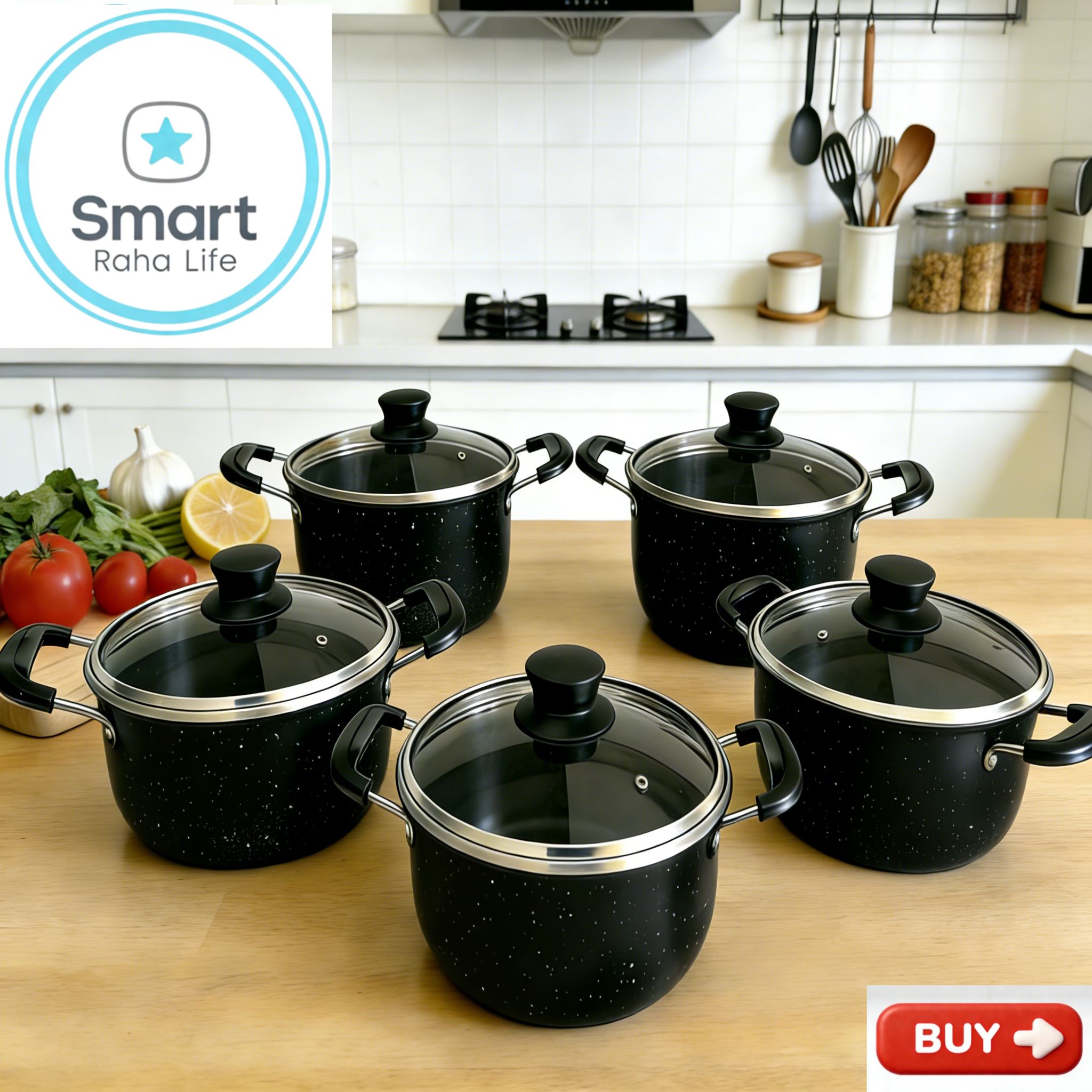 【Promotion】Smartrahalife 10PCS Iron Pots NonStick Cookware Set 5pcs pots and 5pcs lids（18/20/22/24/26cm) 4pcs cleaning tool Suitable for induction cookers Sufuria