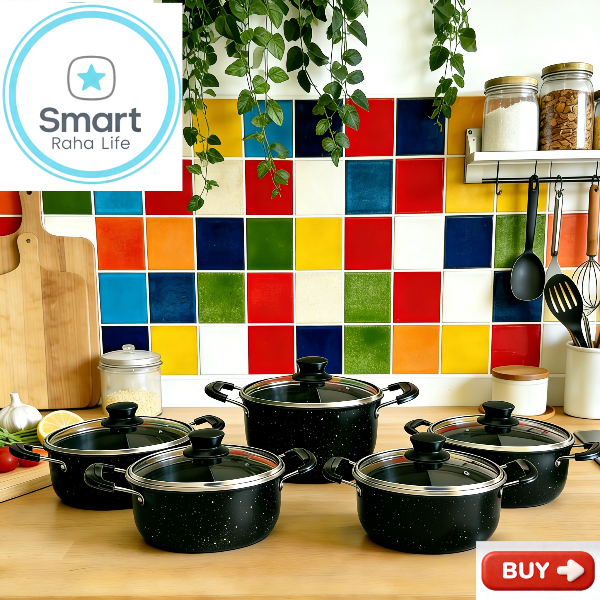 【Promotion】Smartrahalife 10PCS Iron Pots NonStick Cookware Set 5pcs pots and 5pcs lids（18/20/22/24/26cm) 4pcs cleaning tool Suitable for induction cookers Sufuria