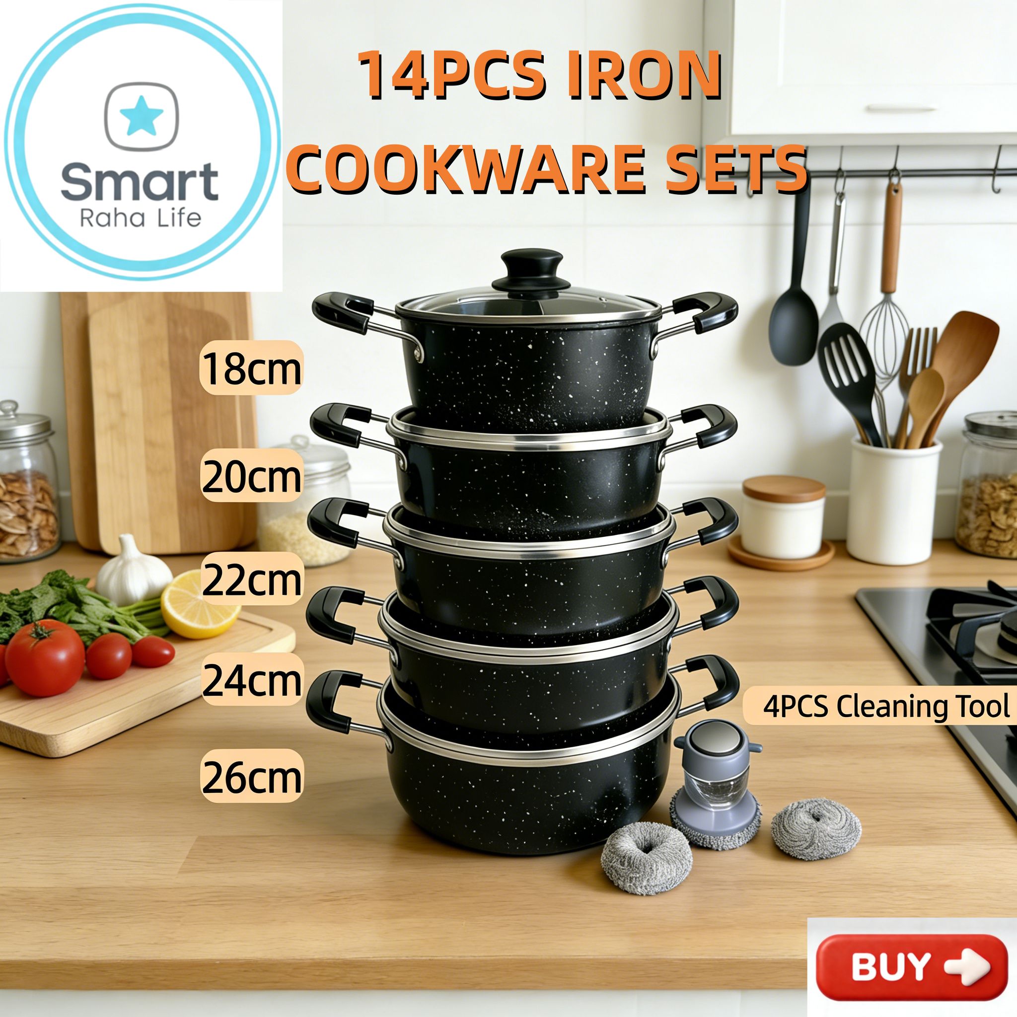 【Promotion】Smartrahalife 10PCS Iron Pots NonStick Cookware Set 5pcs pots and 5pcs lids（18/20/22/24/26cm) 4pcs cleaning tool Suitable for induction cookers Sufuria